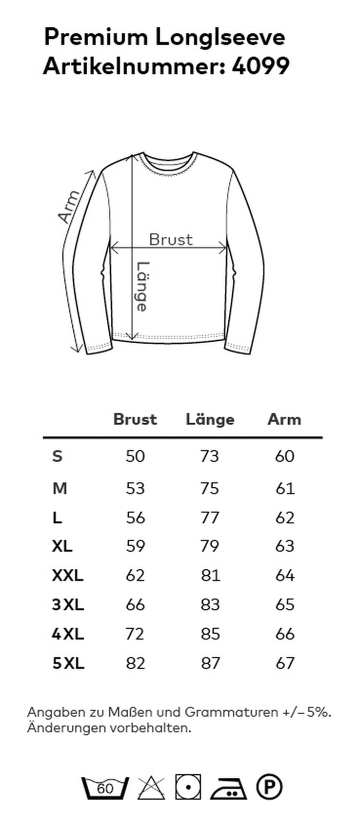 Größentabelle Herren Longsleeve – GP Merchandising