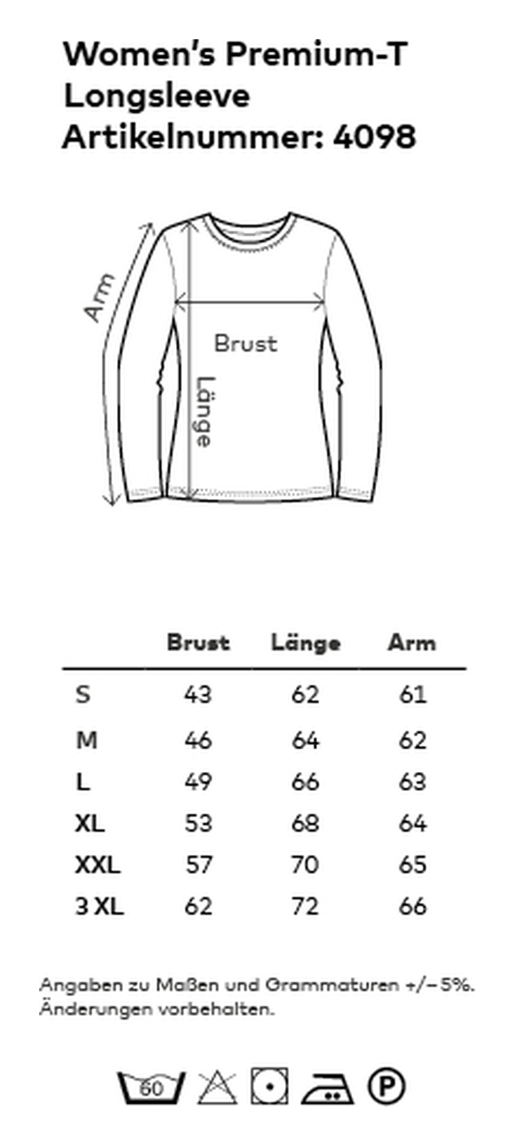 Größentabelle Damen Longsleeve – GP Merchandising