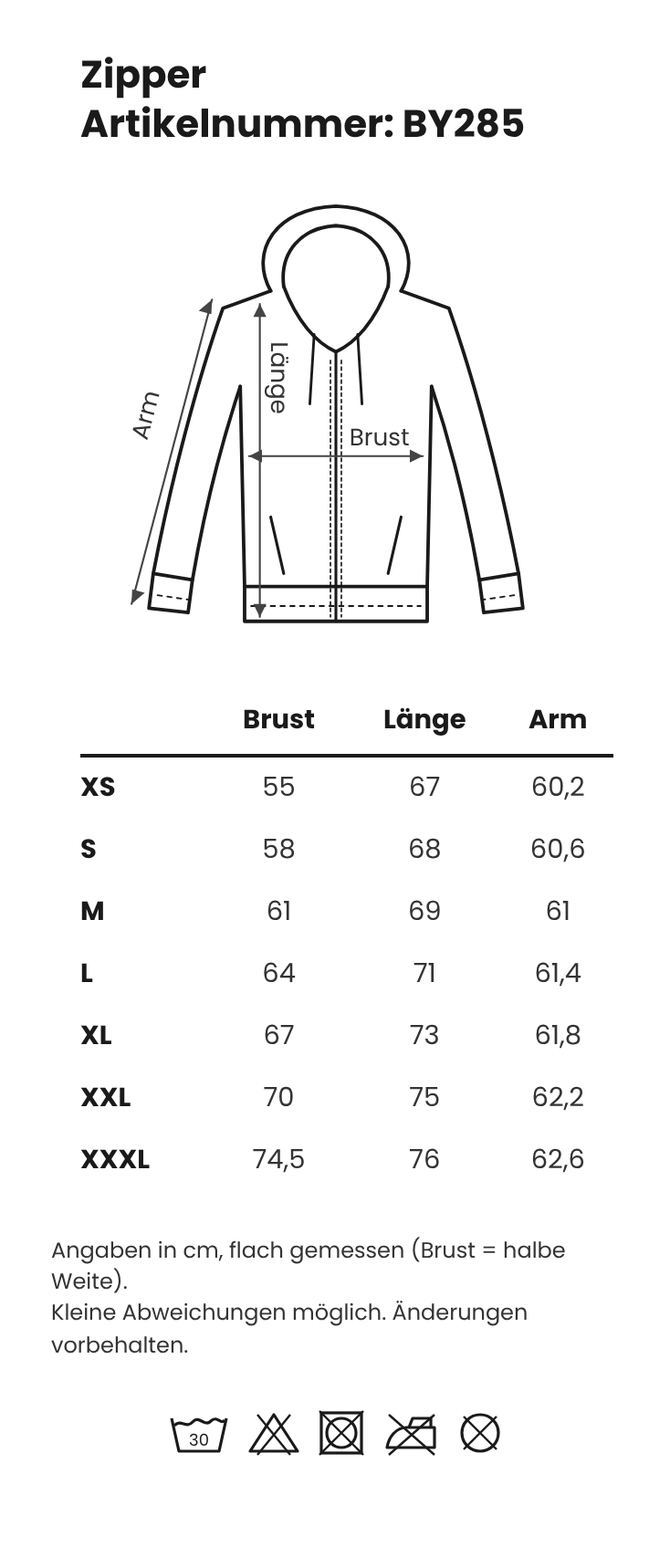 Größentabelle Zipper – GP Merchandising