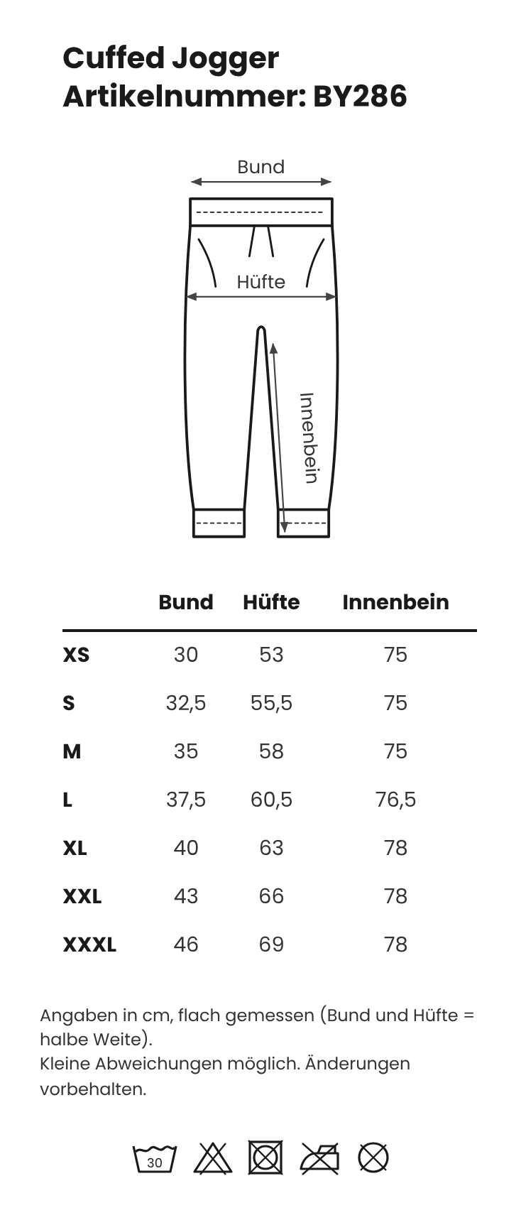 Größentabelle Cuffed Jogger – GP Merchandising