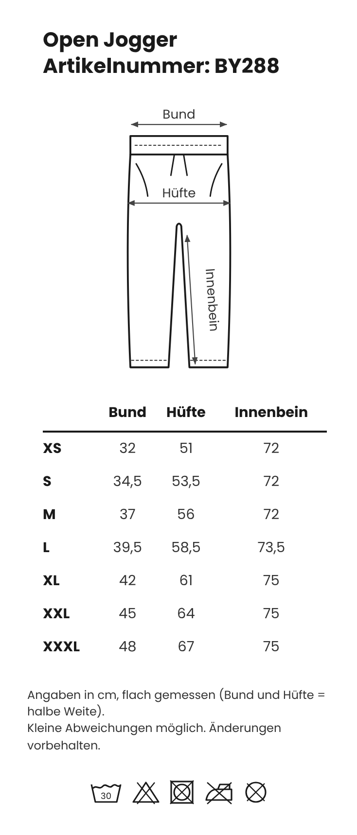 Größentabelle Open Jogger – GP Merchandising