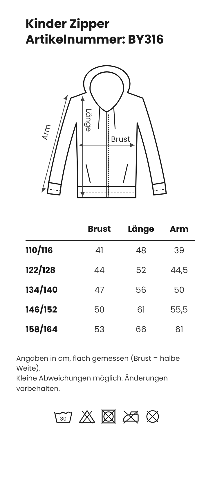 Größentabelle Kinder Zipper – GP Merchandising