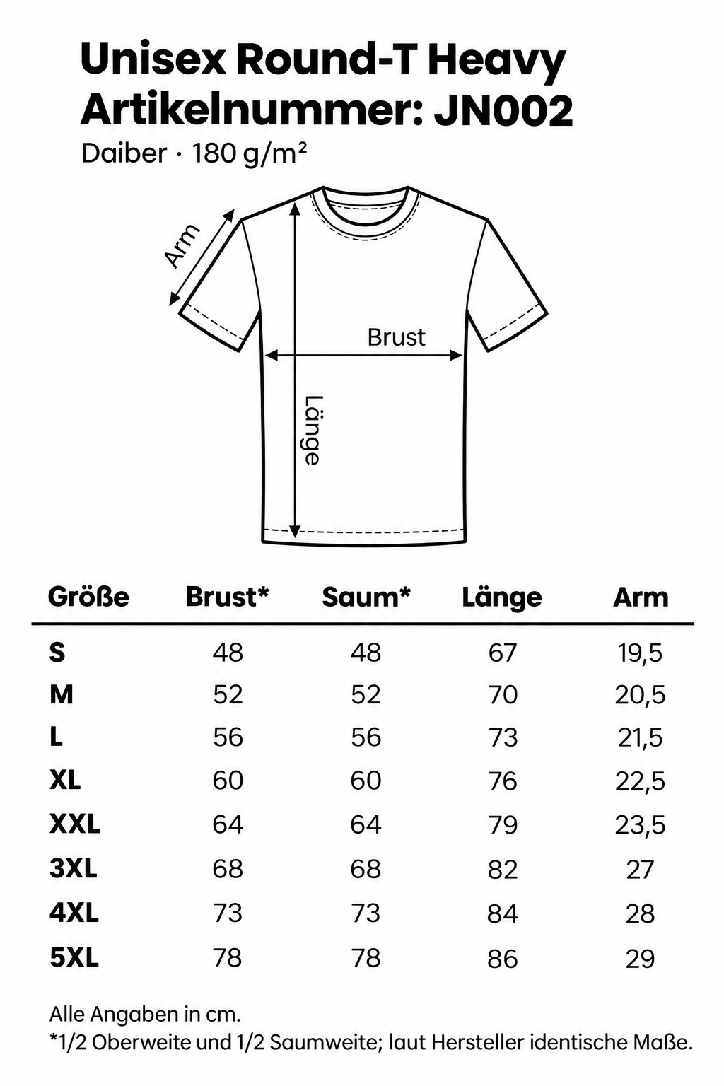 Größentabelle T-Shirt – GP Merchandising