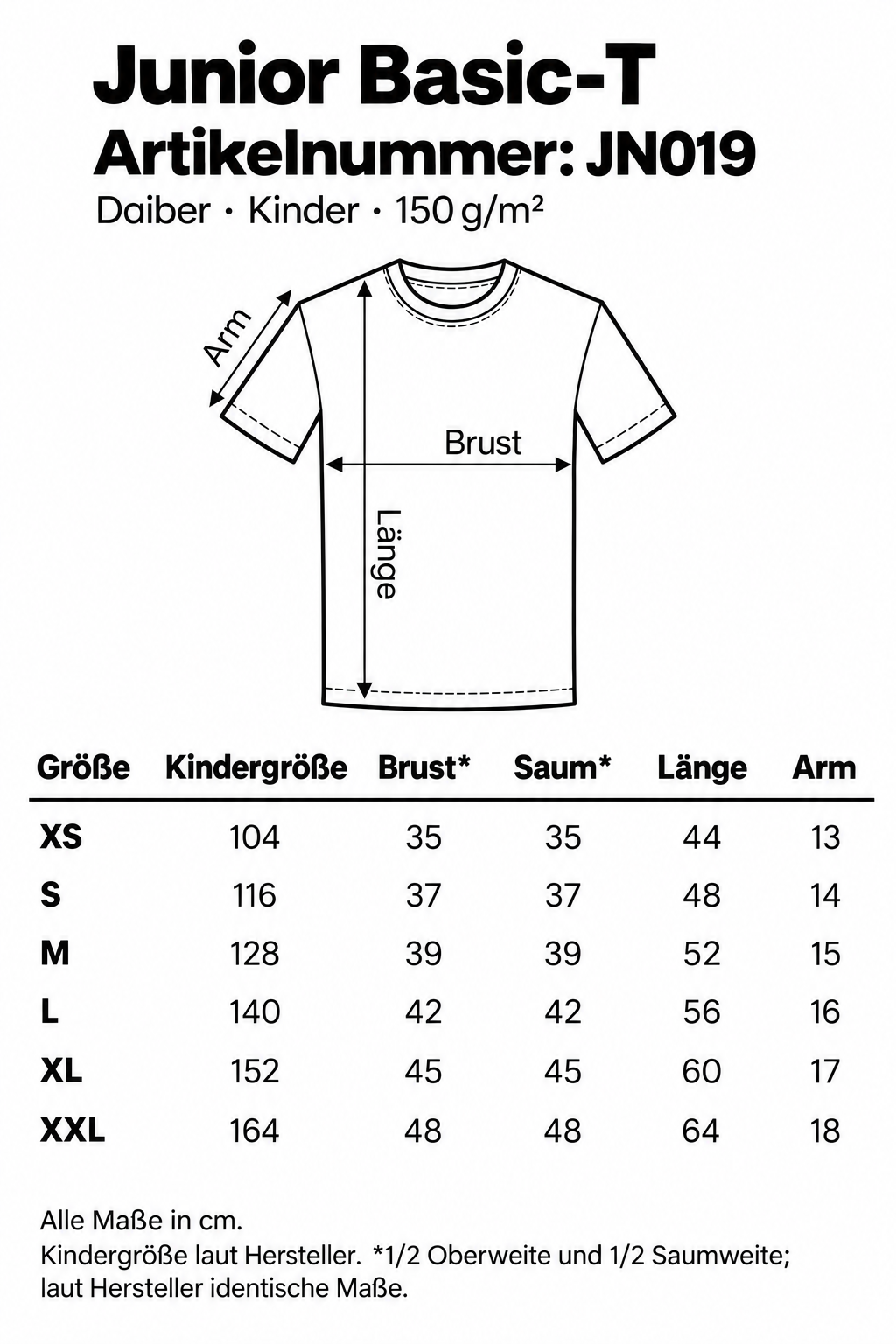 Größentabelle Kinder T-Shirt – GP Merchandising